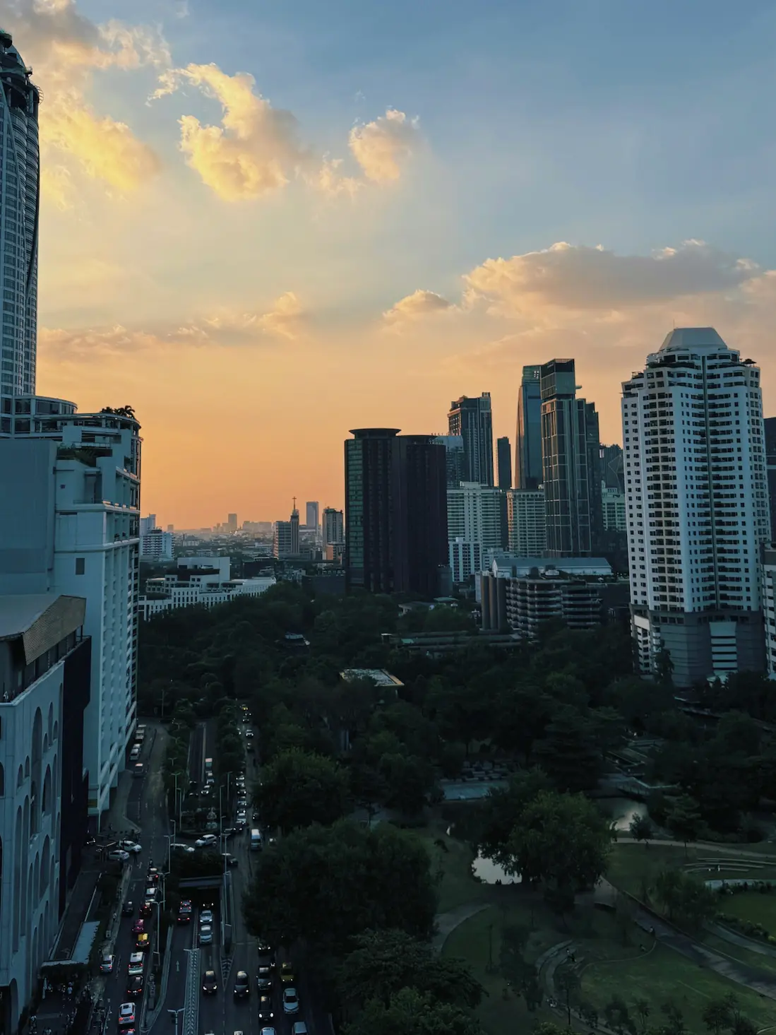 Bangkok and Lumpini park at sunset